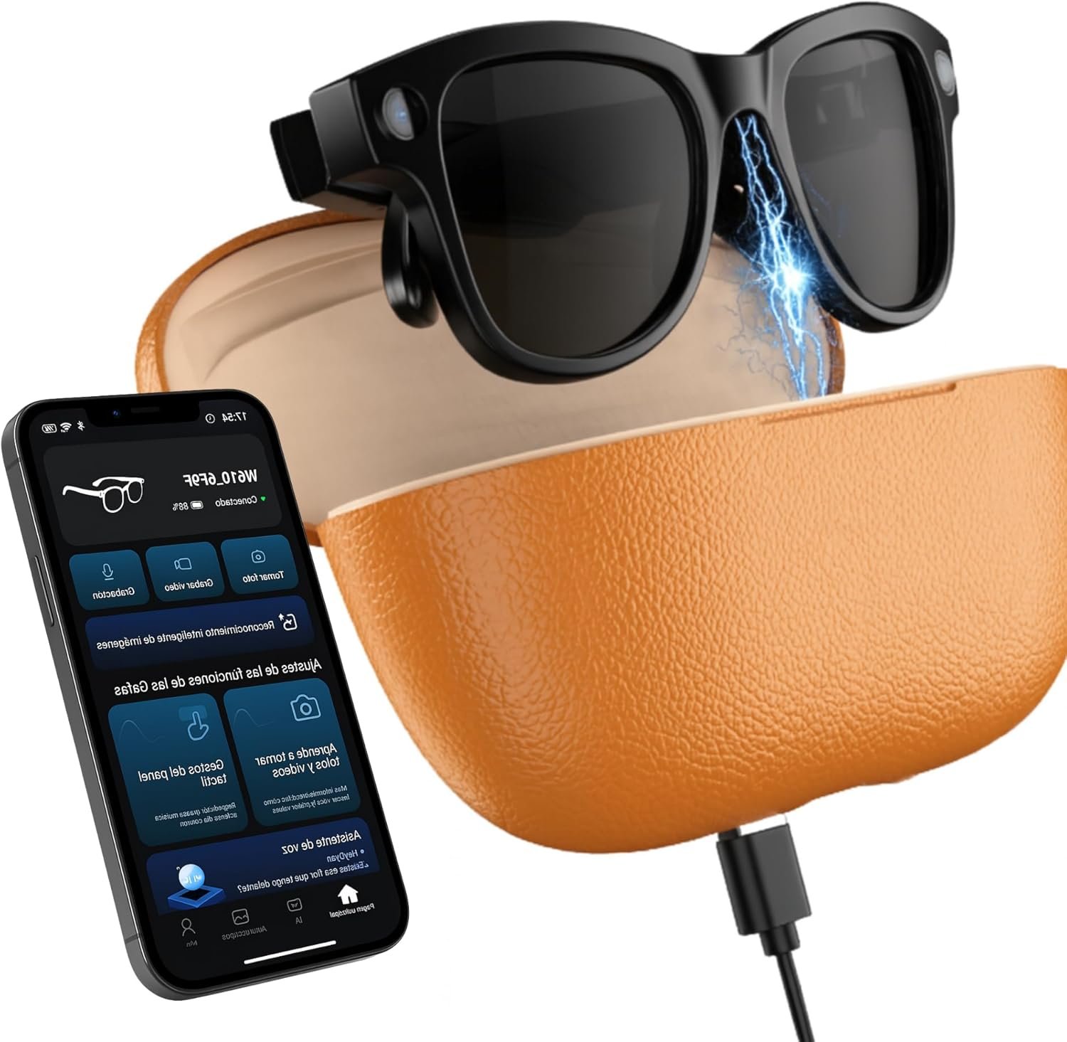 Gafas inteligentes con cámara, Funda de Carga Portátil, Gafas de sol bluetooth, Manos libres con IA integrada por Voz, APP incluida en español, Smart glasses y Traductor 20 idiomas, 33 MP 4K