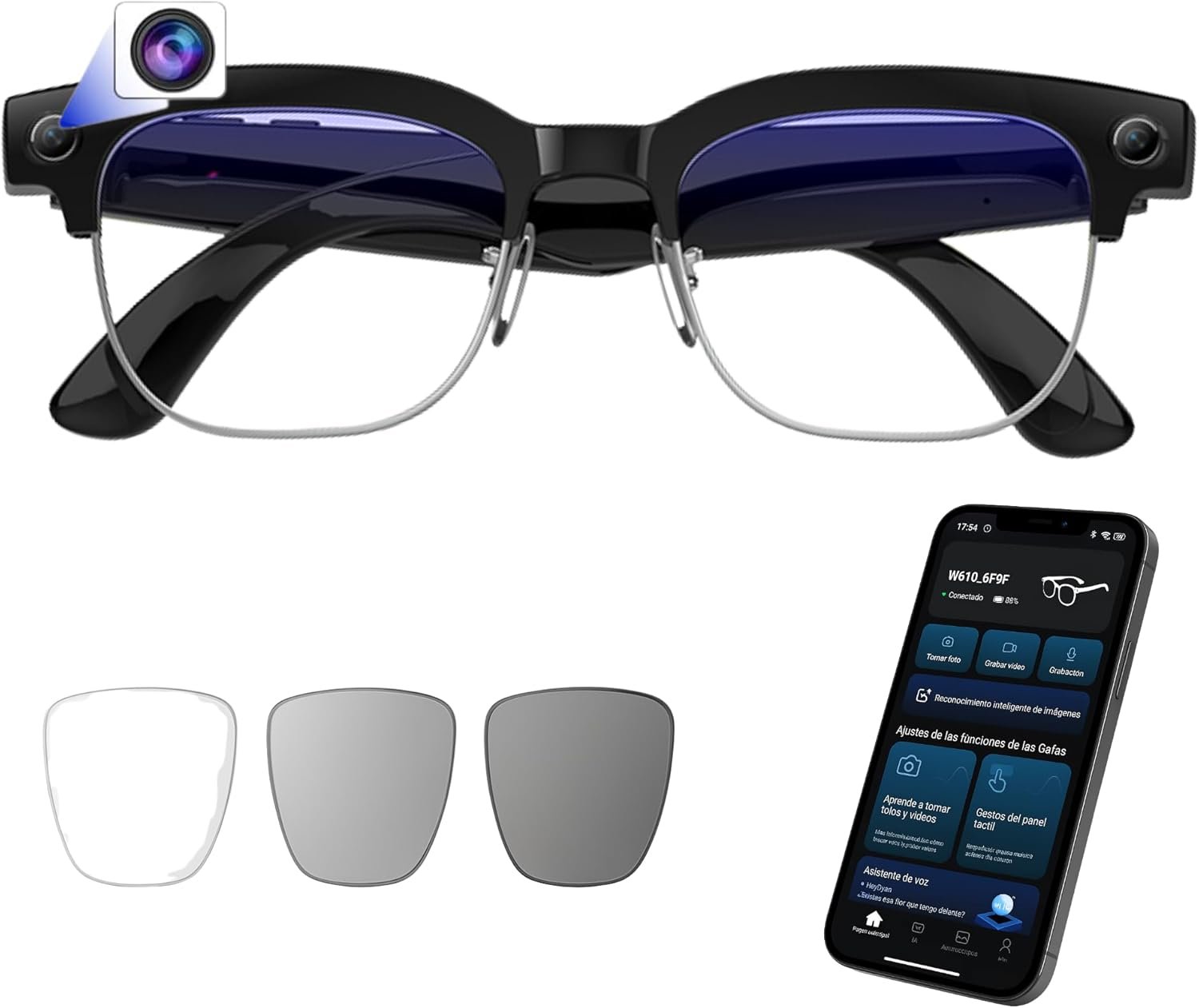 Gafas Inteligentes con cámara, Modelo 2026, App en español, Gafas Bluetooth Sonido Hi-Fi, IA GPT 5 integrada por Voz, Smart Glasses fotocromáticas, Cámara de 33 MP 4K (Vision Pro Modern)