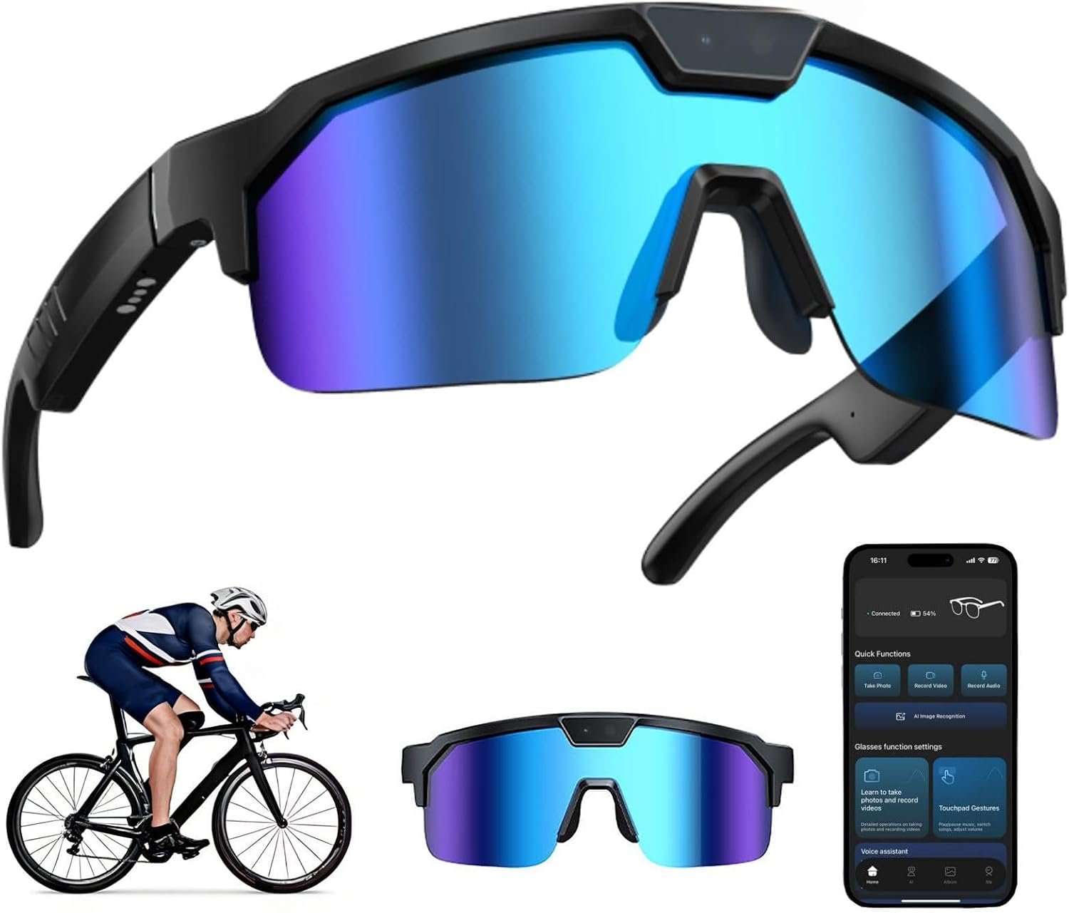 Inteligentes Con Ia, Cámara De 8 Mp, Lentes UV + Polarizadas, Bluetooth, Compatibles Con ChatGPT/Grabación/Traducción Sincrónica, Gafas Para Llamadas Durante Ciclismo Al Aire Libre Blue