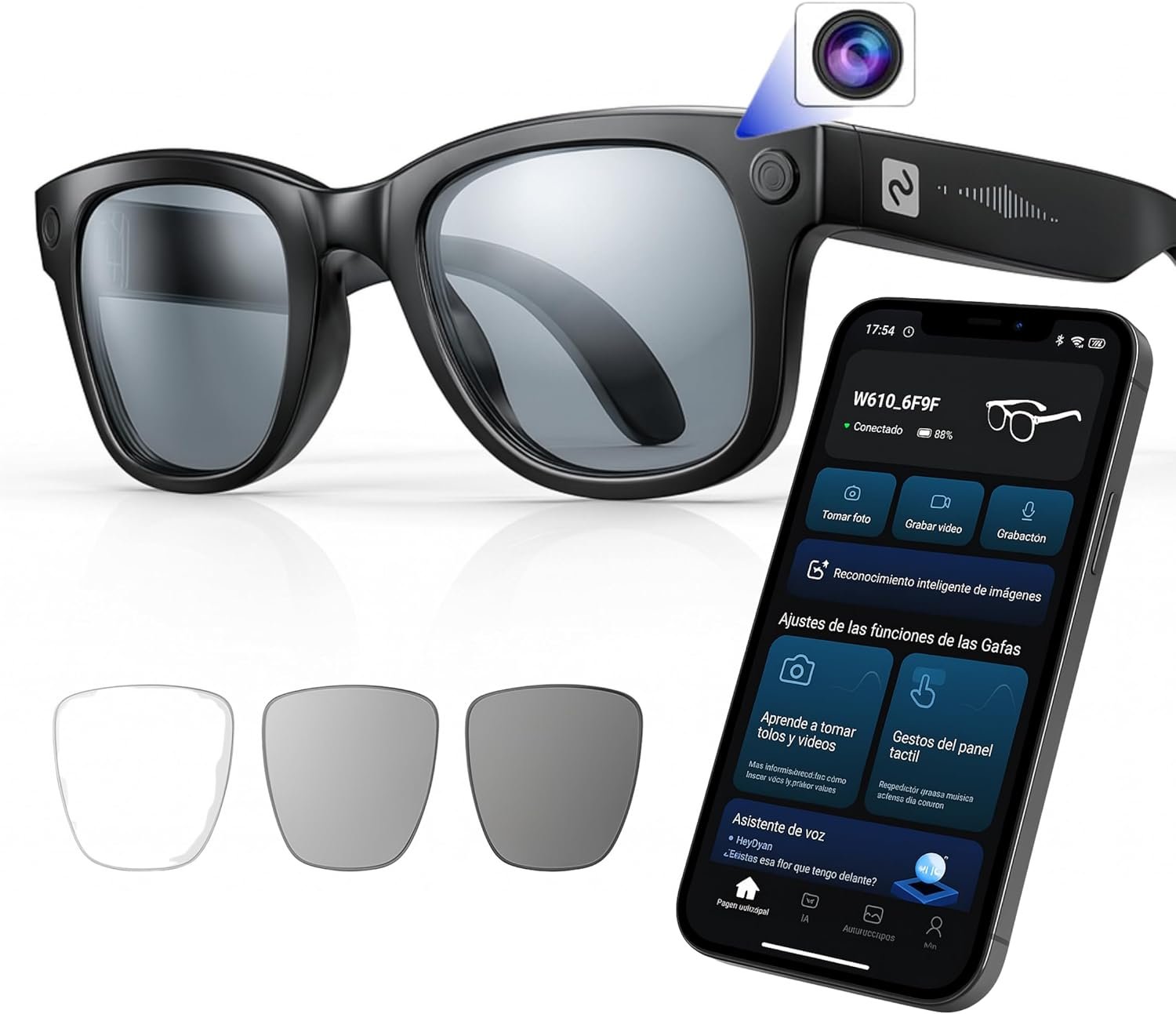 Gafas Inteligentes con cámara, App incluida español, Gafas Bluetooth Manos Libres con IA GPT integrada por Voz, Smart Glasses fotocromáticas y Traducción en 20 Idiomas, cámara de 8 MP 4K