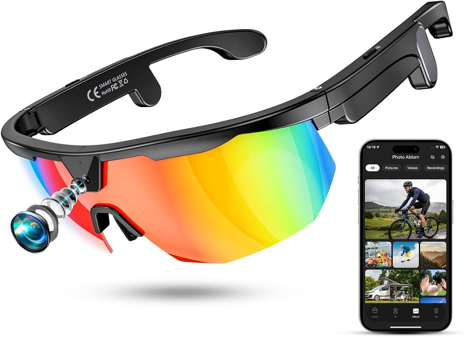 Gafas Inteligentes con CáMara, Ciclismo Gafas IA para Hacer Fotos/Realizar Llamadas Bluetooth/Reproducir MúSica/Traducir/Grabar Audio, Gafas De Sol UV400